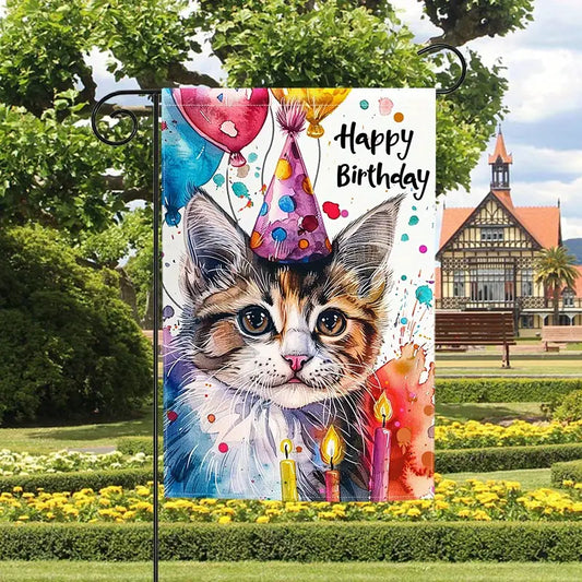 Happy Birthday Paint Splatter Cat Garden Flag