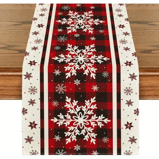 Red Plaid Snowflakes Table Runner