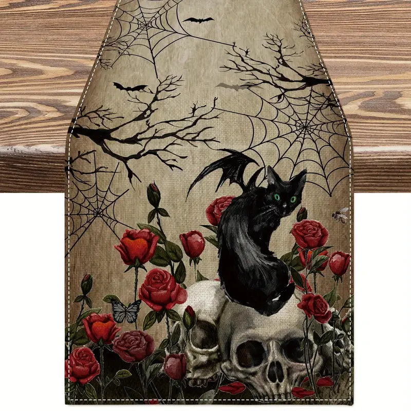 Black Cat Skulls Table Runner