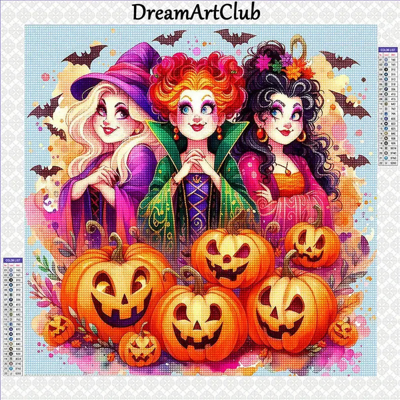 Witchy Sisters Pumpkin Diamond Art