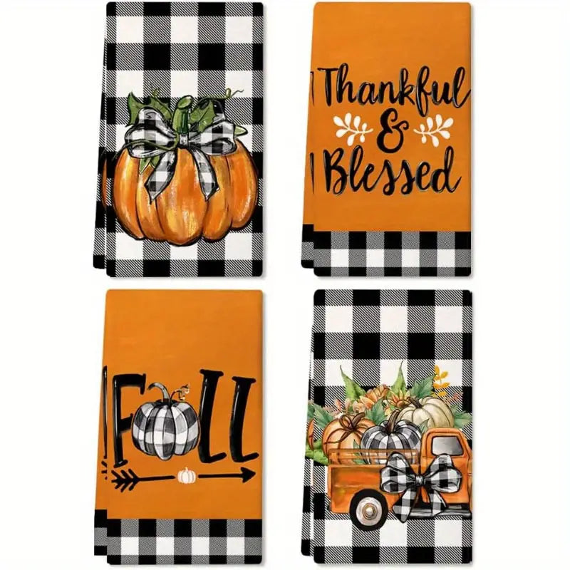 Thankful & Blessed Plaid 4 Piece Dish Towel Set