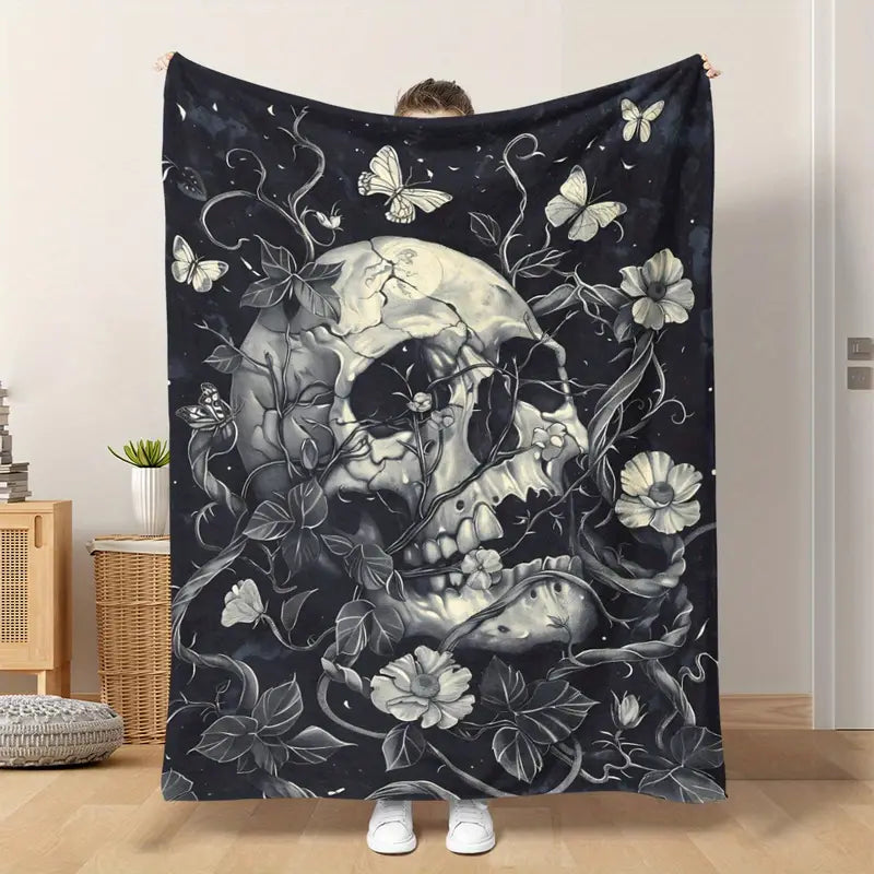 Gray Floral Skull Fleece Blanket