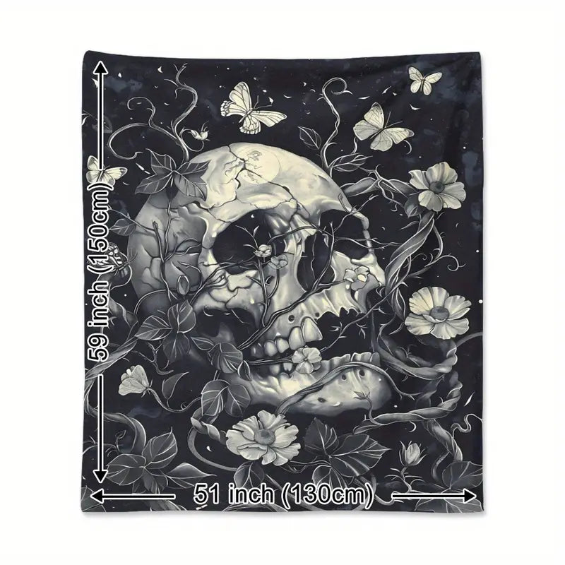 Gray Floral Skull Fleece Blanket