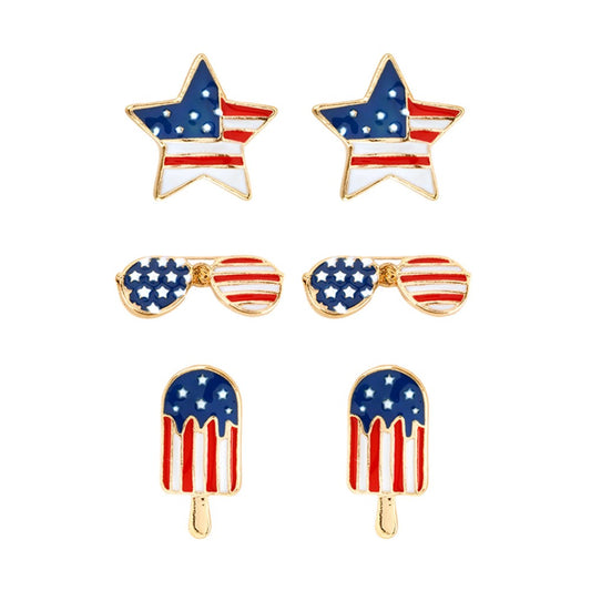 Set of Three American Flag Sunglasses, Star, and Popsicle Enamel Stud Earrings
