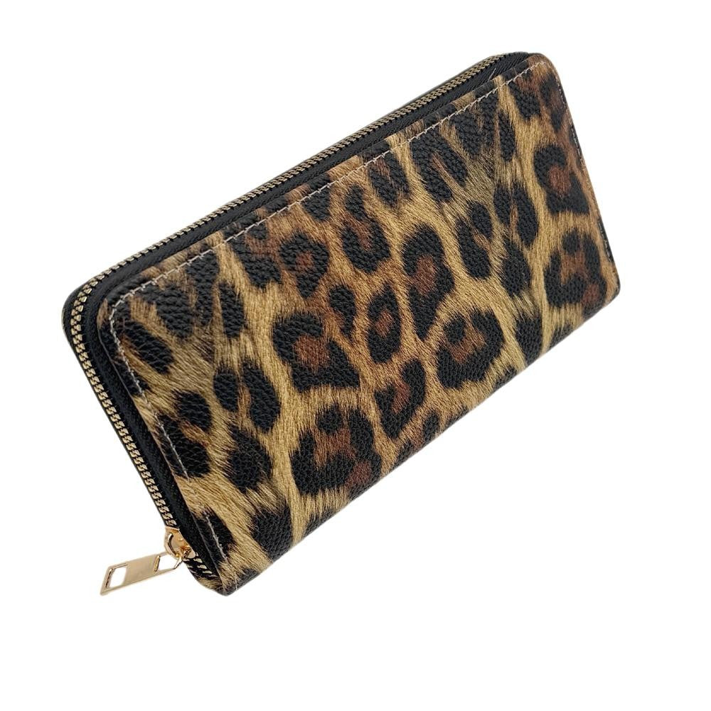 Leopard Print Vegan Leather Wallet  - Full Zip Closure