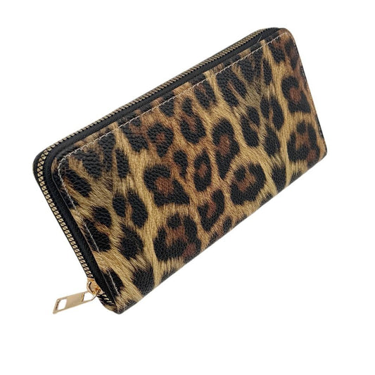 Leopard Print Vegan Leather Wallet  - Full Zip Closure