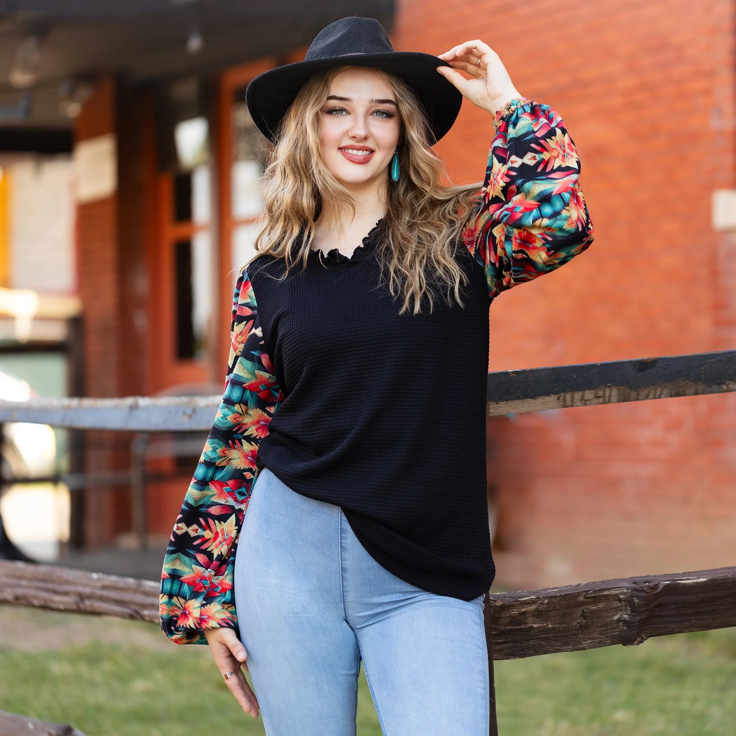 V-Neck Waffle Knit Top with Geometric Print