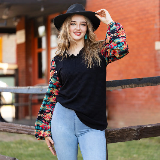V-Neck Waffle Knit Top with Geometric Print