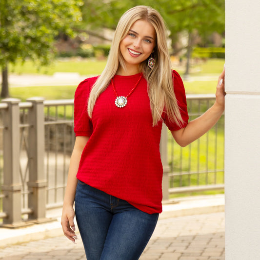 Solid Textured Top with Puffed Sleeves - Red