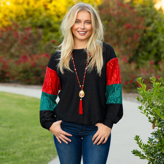 Shimmer Red & Green Christmas Sequin Sleeves Top