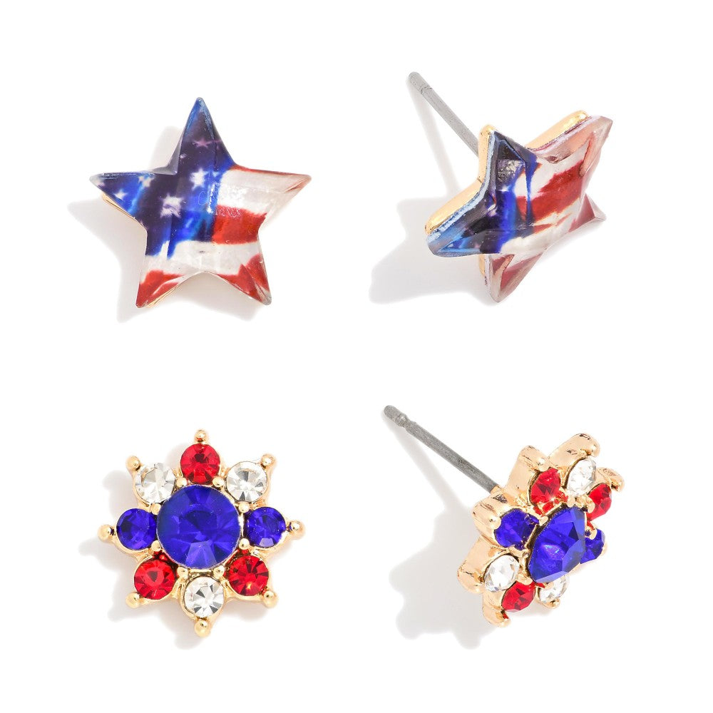 Set Of Two Americana Star Flag Stud Earring