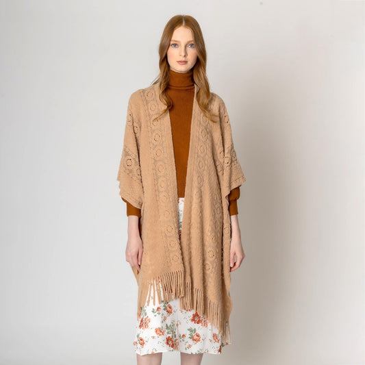 Solid Color Circle Pattern Knit Ruana Wrap Featuring Tassel Hem - Beige