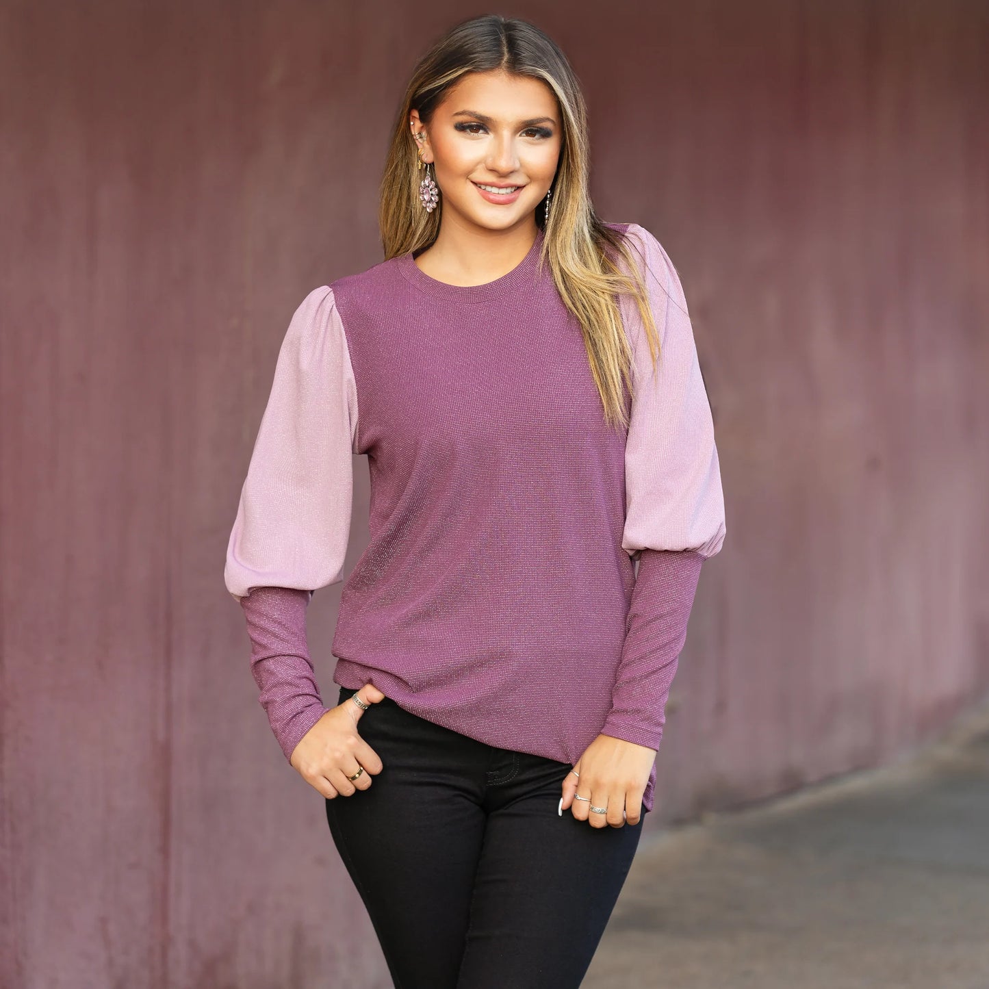 Sunshine & Redeo Sparkle Color Block Puffed Long Sleeve Top