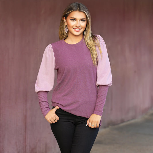Sunshine & Redeo Sparkle Color Block Puffed Long Sleeve Top