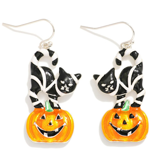 SPOOKY $13 DEAL Enamel Jack-O'-Lantern &amp; Cat Drop Earrings