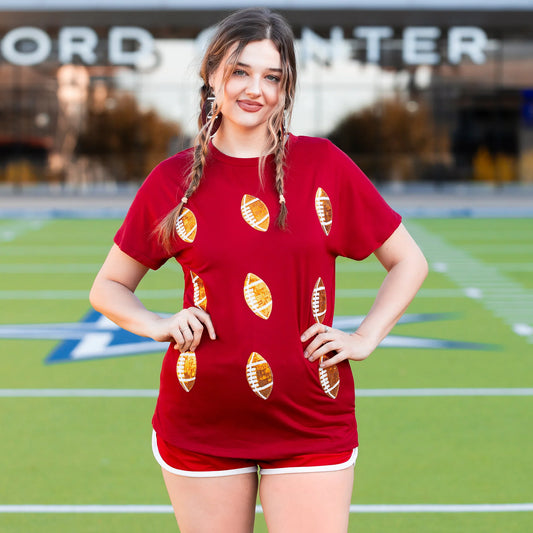 Sunshine & Redeo Sequin Football Half Sleeve Top -  Maroon