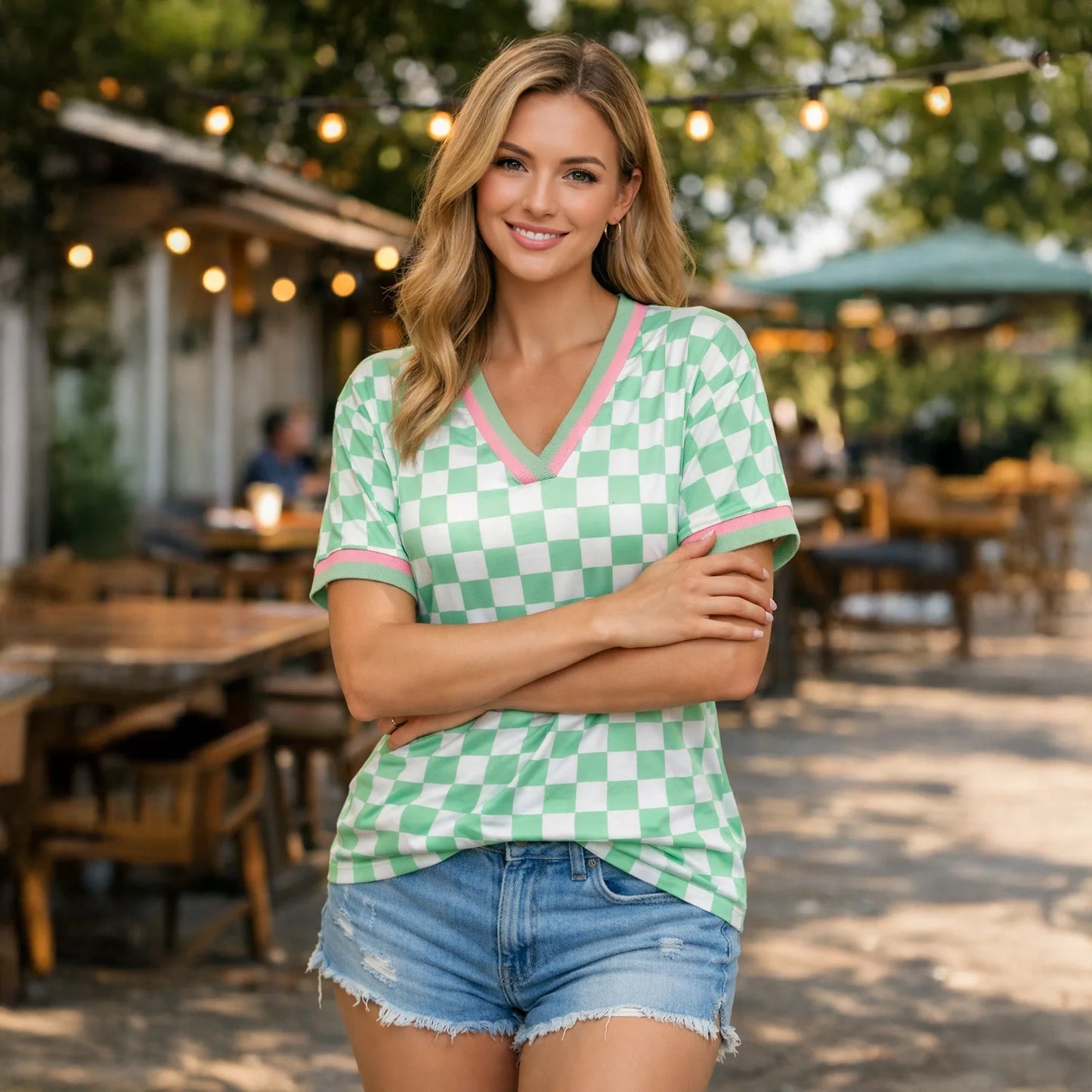 Mint Green Checker V-Neck Short Sleeve Top with Pink Trim