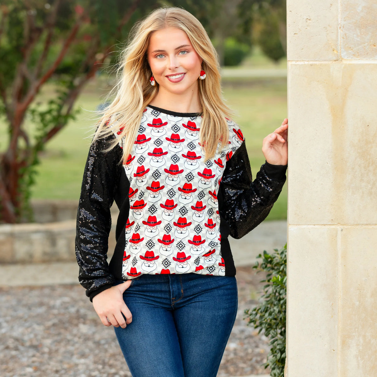 Sunshine & Rodeo Cowboy Santa Christmas Top with Sequin Sleeves