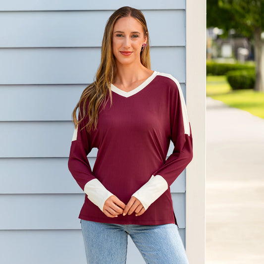 Ribbed Color Block V-Neck Long Sleeve Top - Burgundy