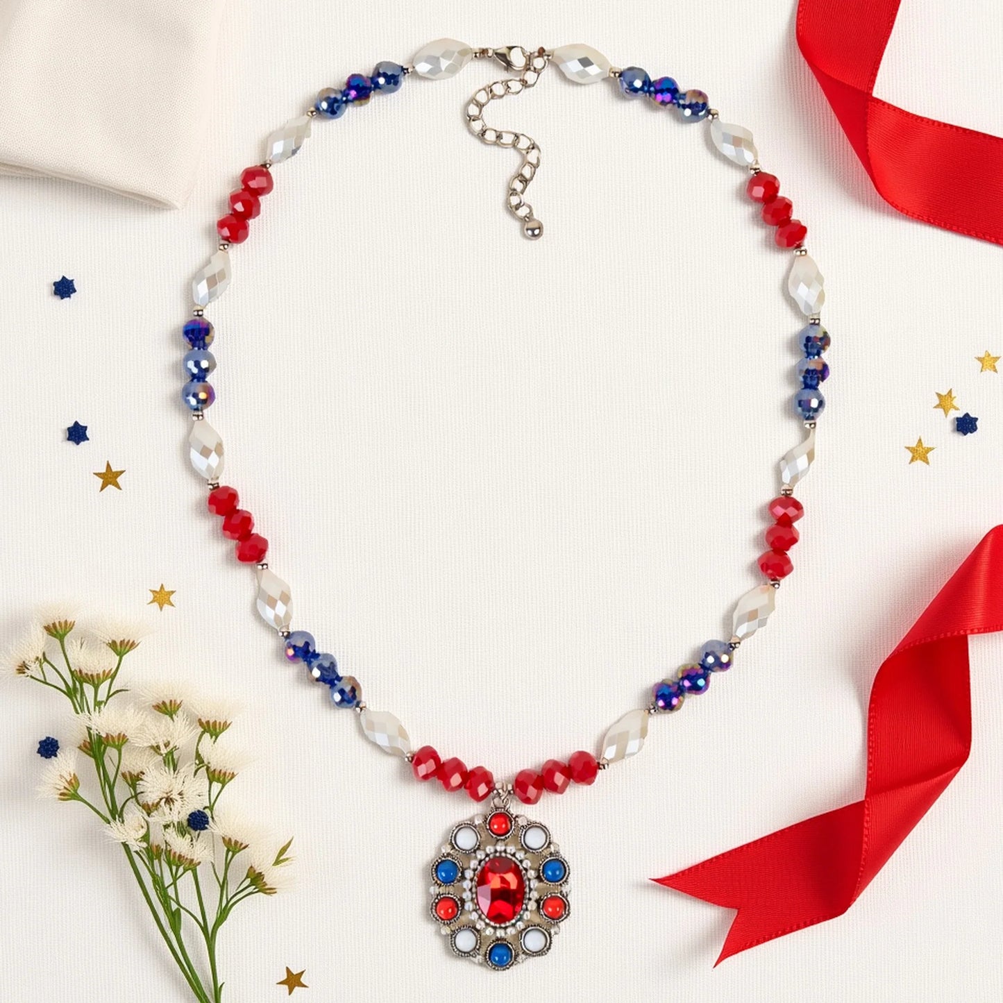 Fourth of July Pendant Necklace - Red White & Blue - 92303