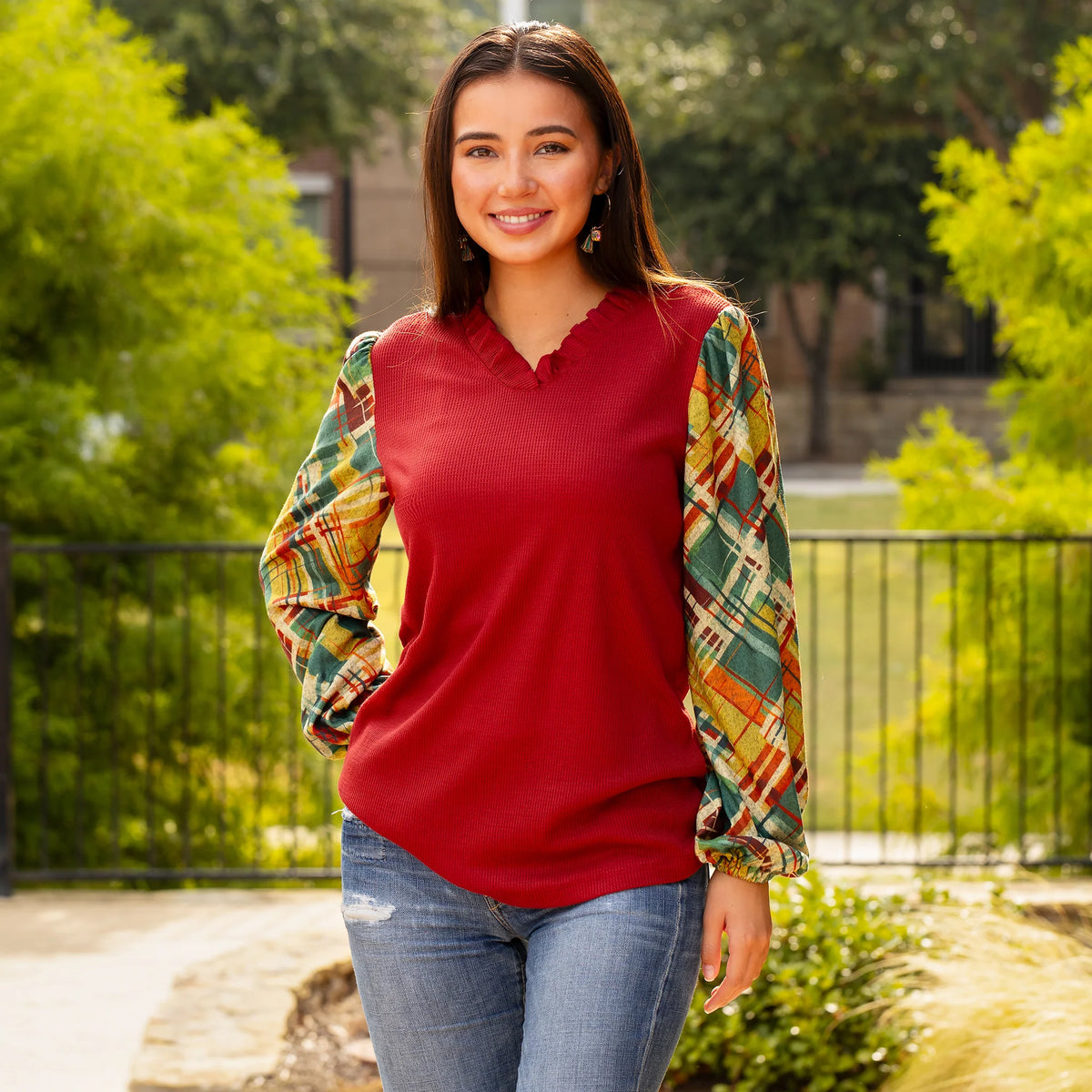 Sunshine & Rodeo V-Neck Waffle Knit Top with Plaid Print