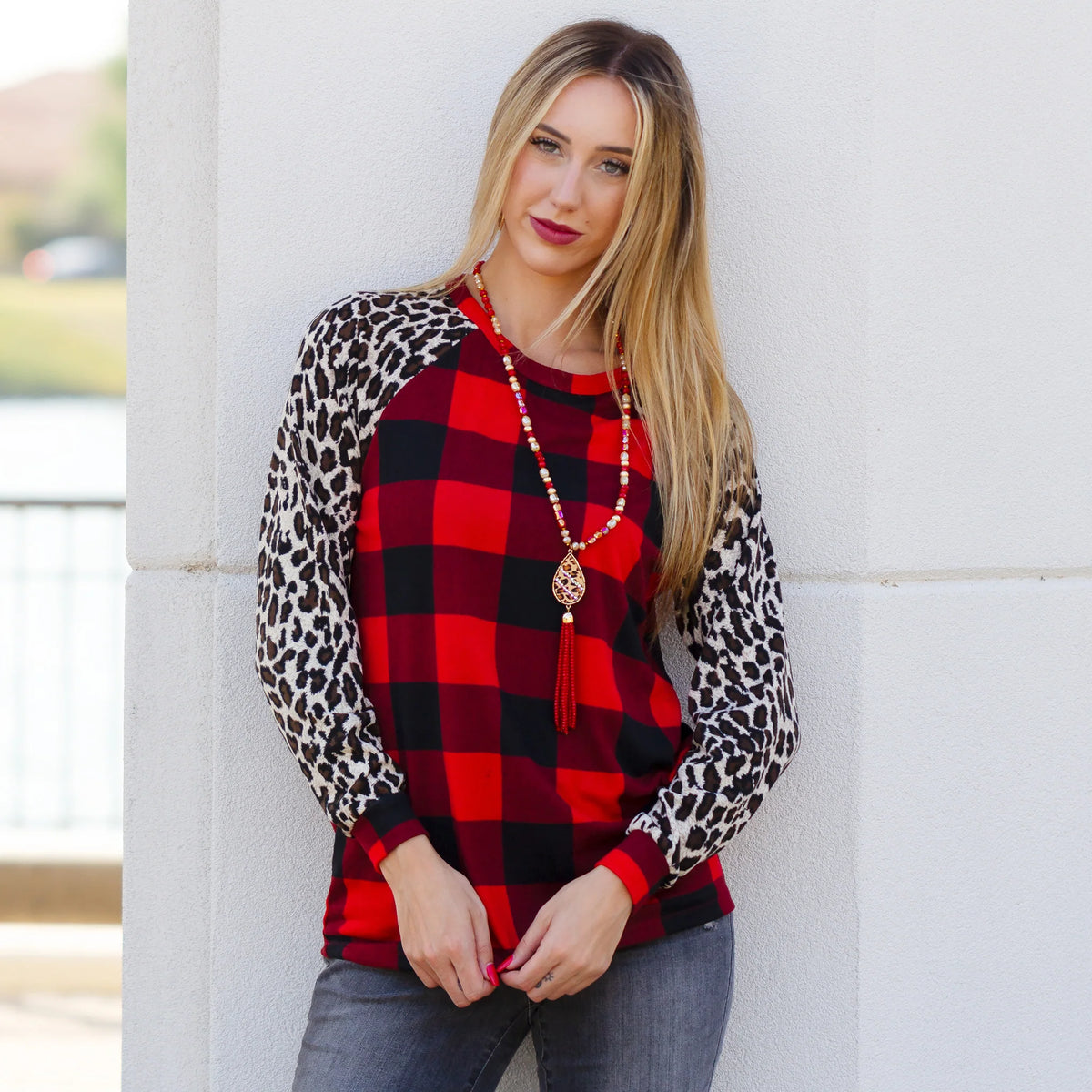 sunshine & Redeo  Buffalo Plaid Top with Leopard Sleeves