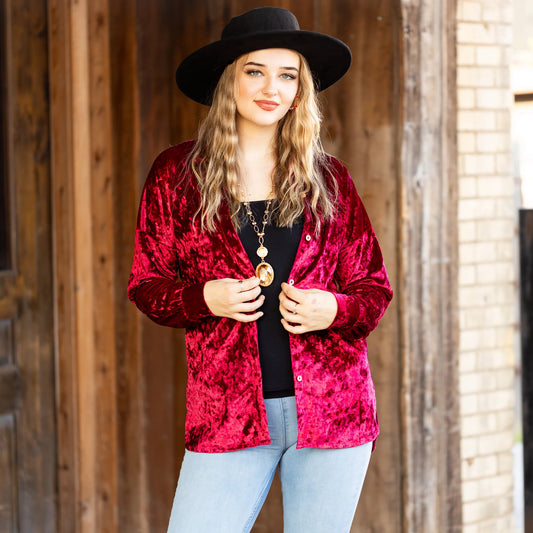 Velvet Long Sleeve Button Down Top with Pockets