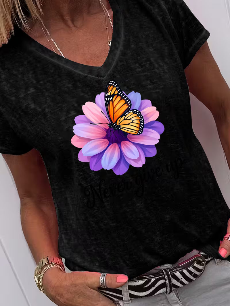 Women's Never Give Up V-neck Vinyl Graphic T-Shirt