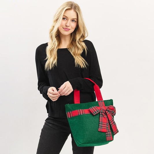 Felt Christmas Tote Bag With Plaid Bow - Green