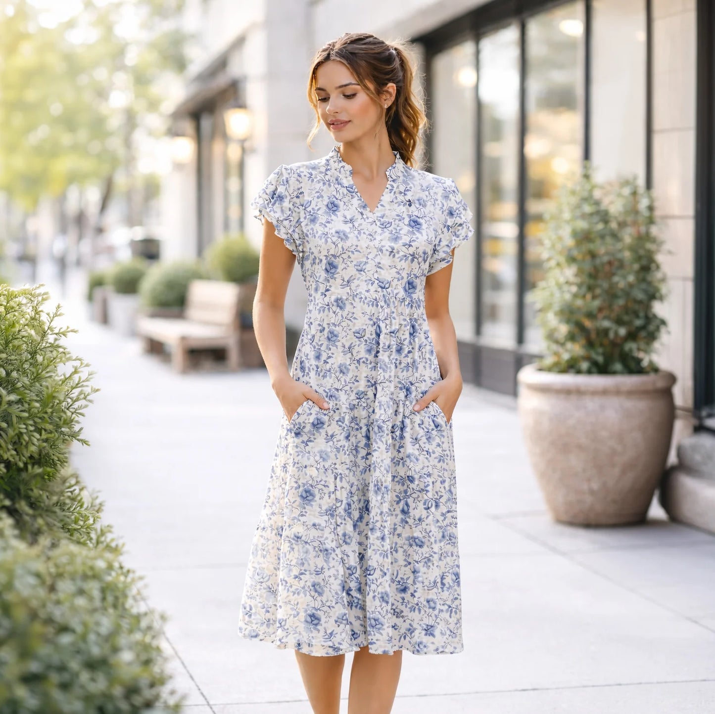 Tan & Blue Floral Tiered Midi Dress with Pockets