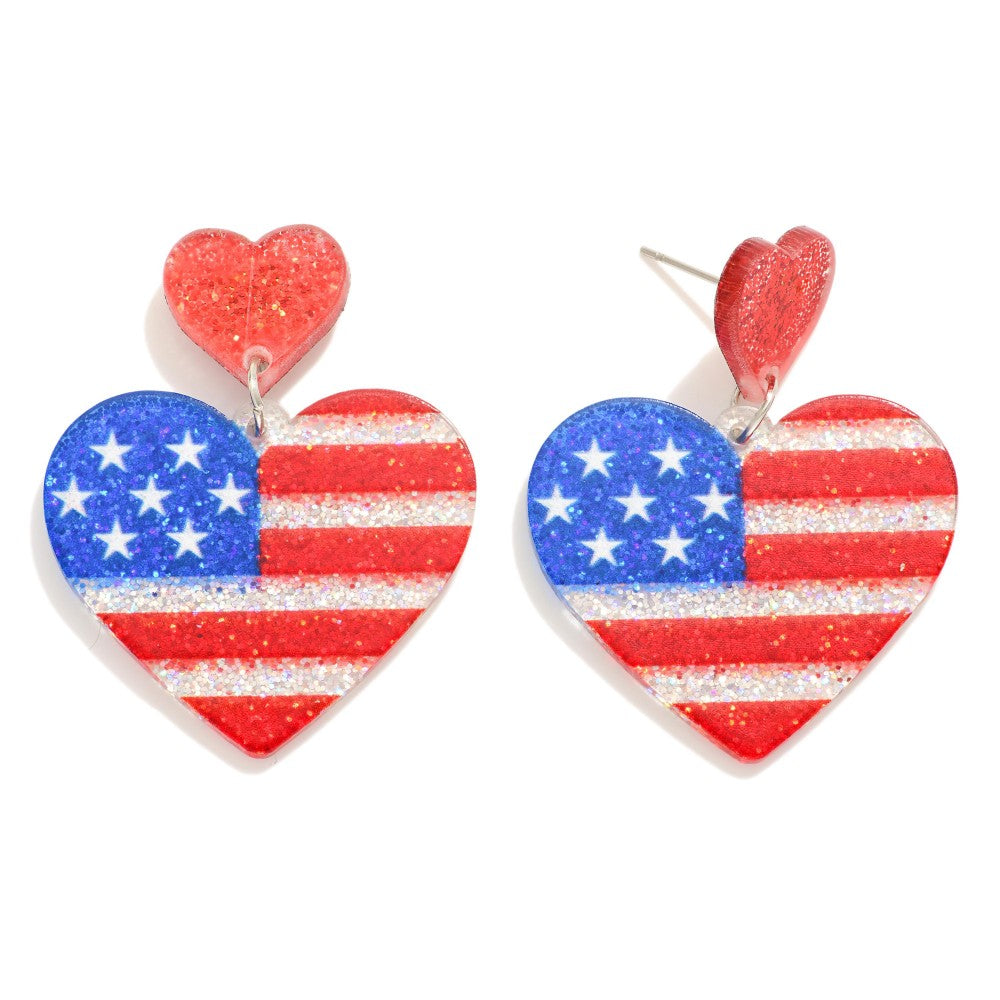 Linked Glitter Acetate Americana Flag Hearts Post Drop Earrings