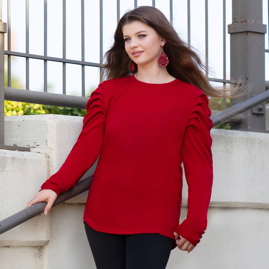 Ruffle Sleeve Top with Button Accents - Red