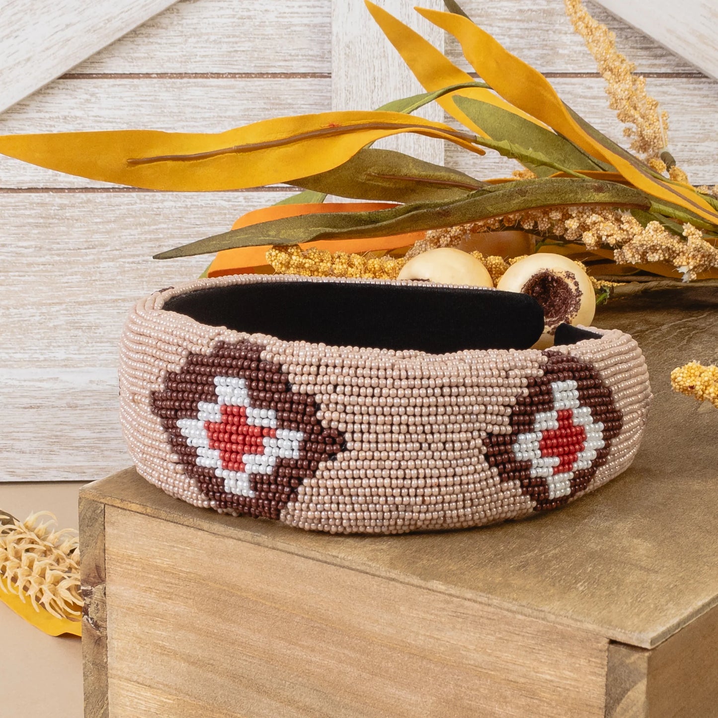 Geometric Print Beaded Headband - Brown