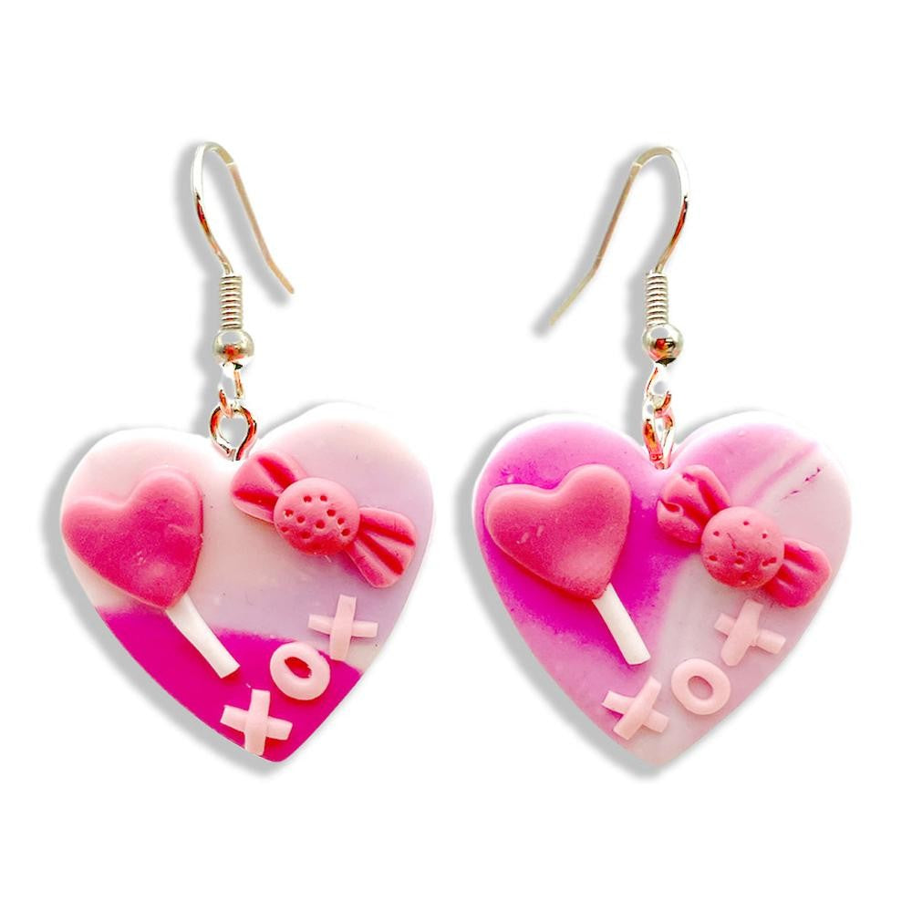 Polymer Clay Heart Drop Earrings Featuring Candy Accents