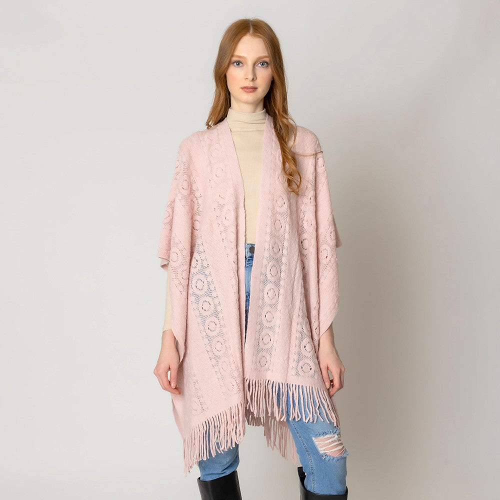 Solid Color Circle Pattern Knit Ruana Wrap Featuring Tassel Hem - Pink