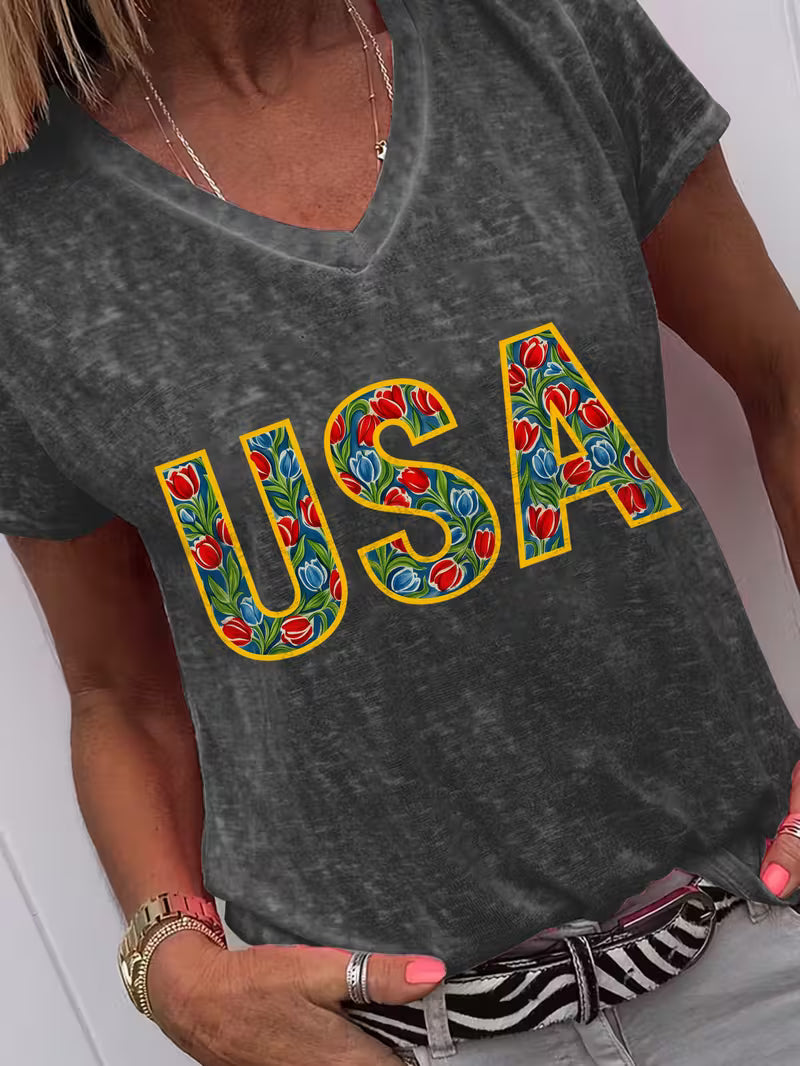 Women's Floral USA V-neck Vinyl Graphic T-Shirt