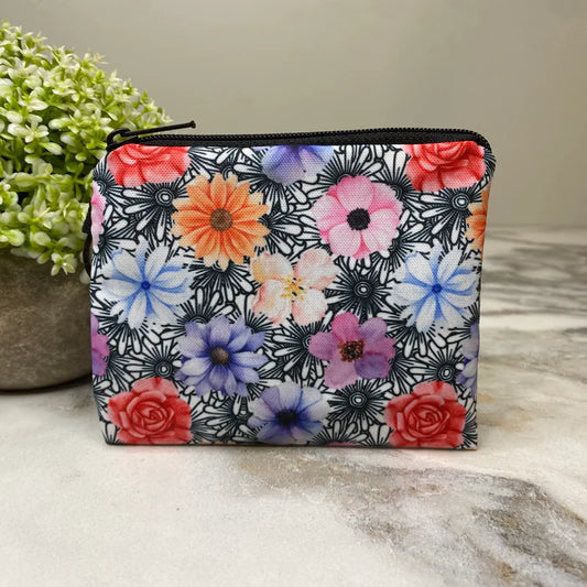 Floral Black & White - Mini Coin Purse Keyring