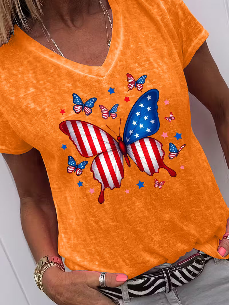Women's Red White & Blue Butterfly V-neck Vinyl Graphic T-Shirt