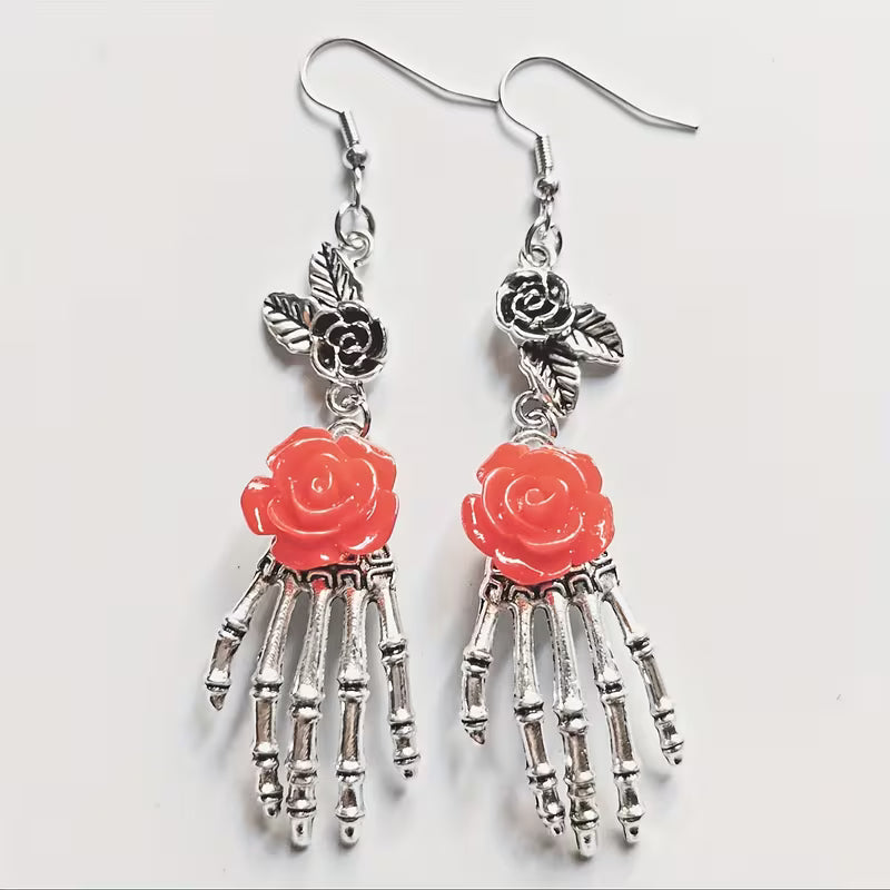 Red Rose Skelton Hand Earrings