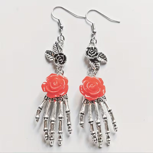 Red Rose Skelton Hand Earrings