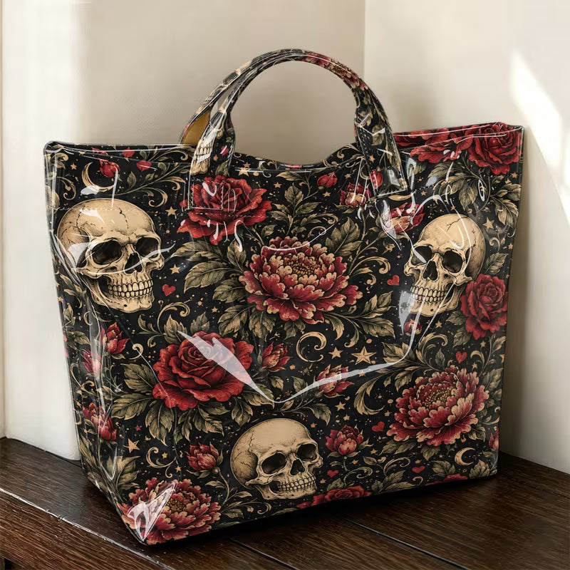 Glossy PVC Floral Skull Tote Bag