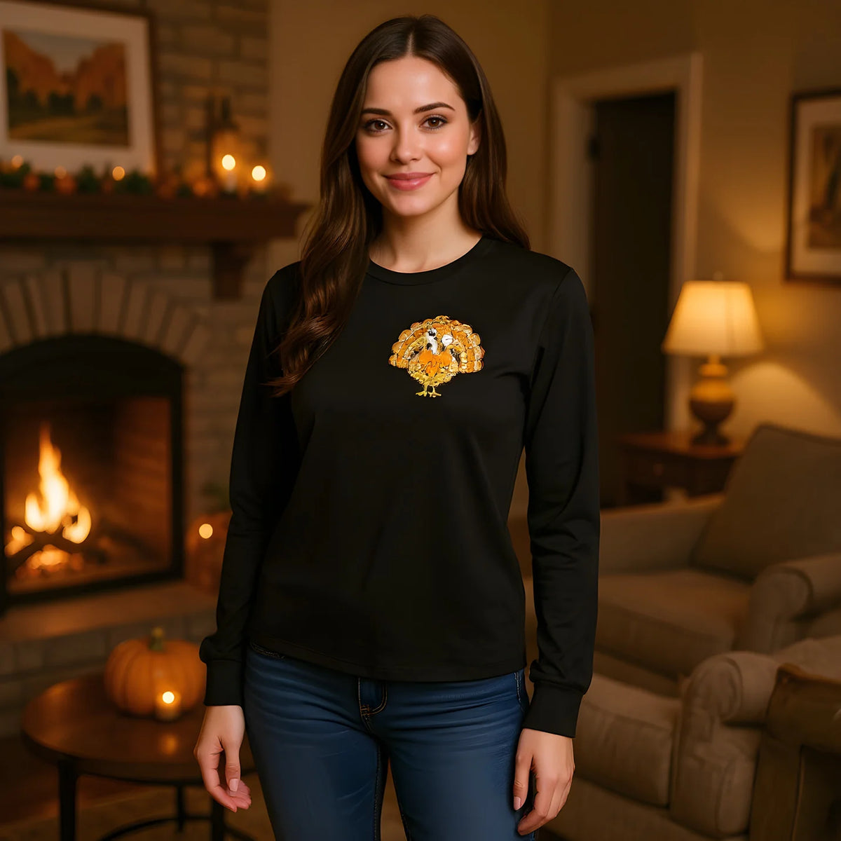 Sunshine & Rodeo Sequin Turkey Long Sleeve Top $8.95