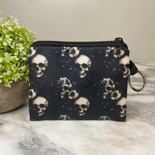 Black Floral Skull - Mini Coin Purse Keyring