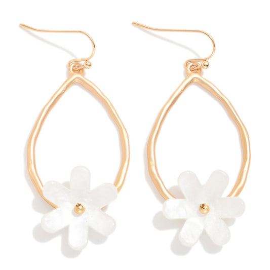 Hammered Teardrop Drop Earrings Featuring Acetate Flower