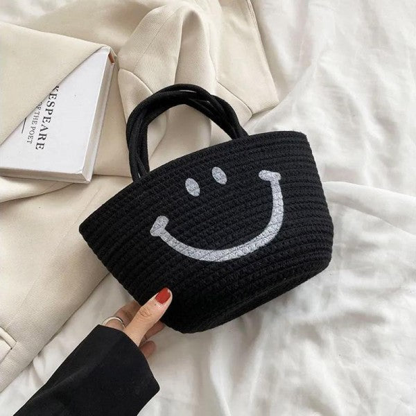 Stitched Cotton Rope Smile Mini Tote Bag With Twist Handles