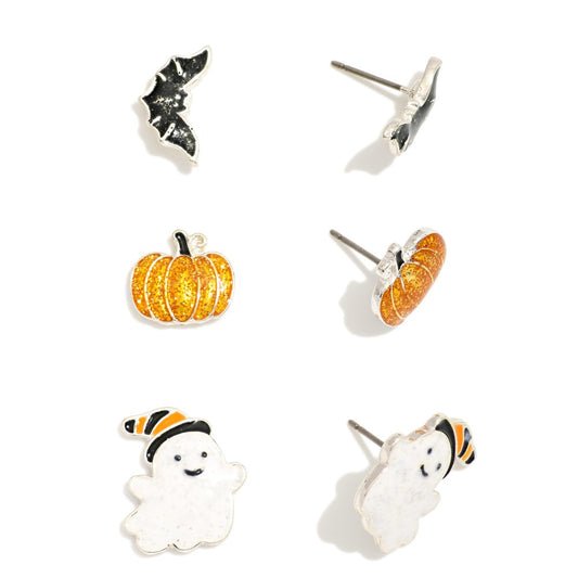 Set Of Three Enamel Halloween Stud Earrings Featuring Glitter Details - Ghost