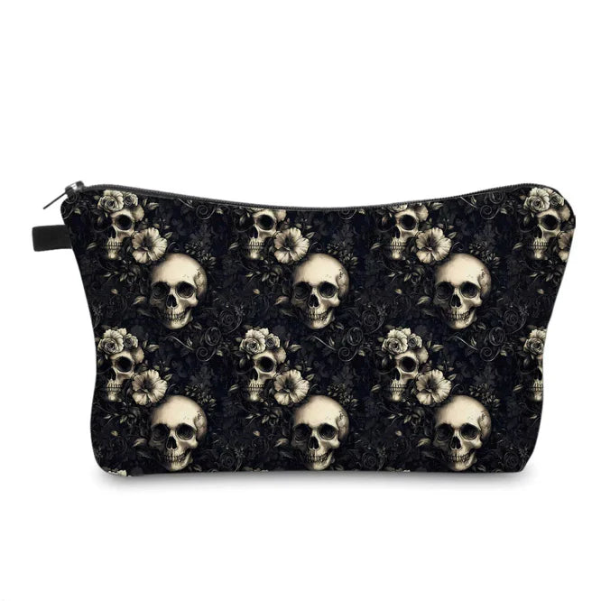 Halloween Fall, Black Floral Skull Water Resistant Pouch