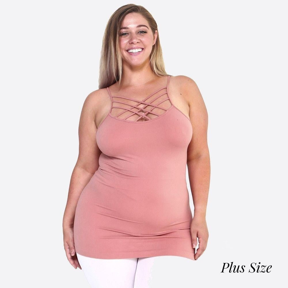 Women's Solid Plus Size Triple Criss Cross Seamless Camisole. - Rose