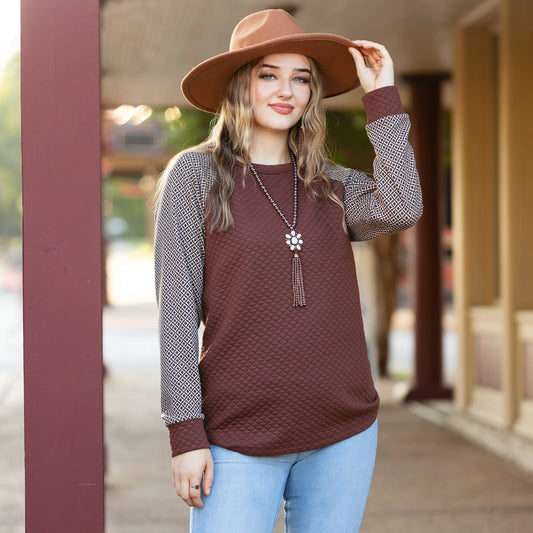 Quilted Geometric Print Long Sleeve Top