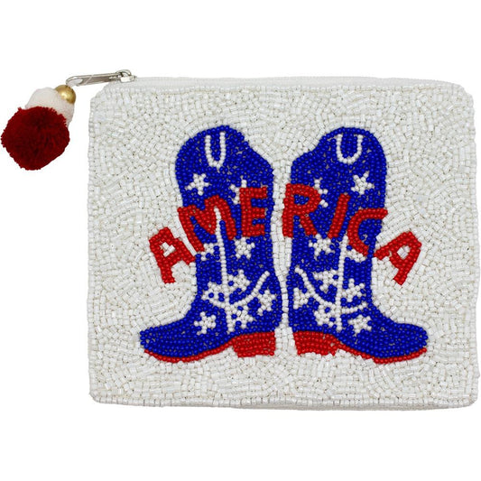 "AMERICA" Boots Seed Beaded Canvas Bag With Pom Pom Zipper